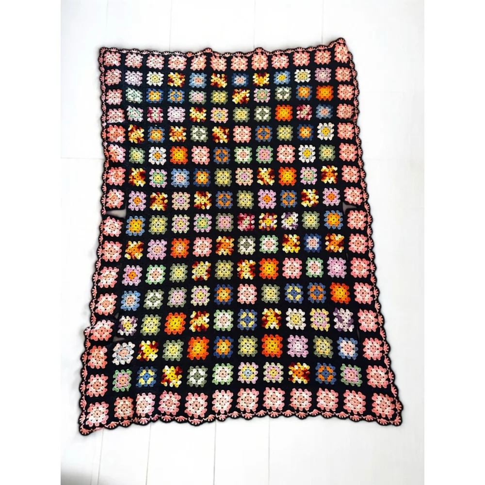 Vintage Handmade Crochet Granny Square Blanket 46x63 – Retro Throw